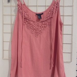Forever21 Cute Pink Strappy Tank Top Embroidered V-neck Neckline Ribbon Ties (M)